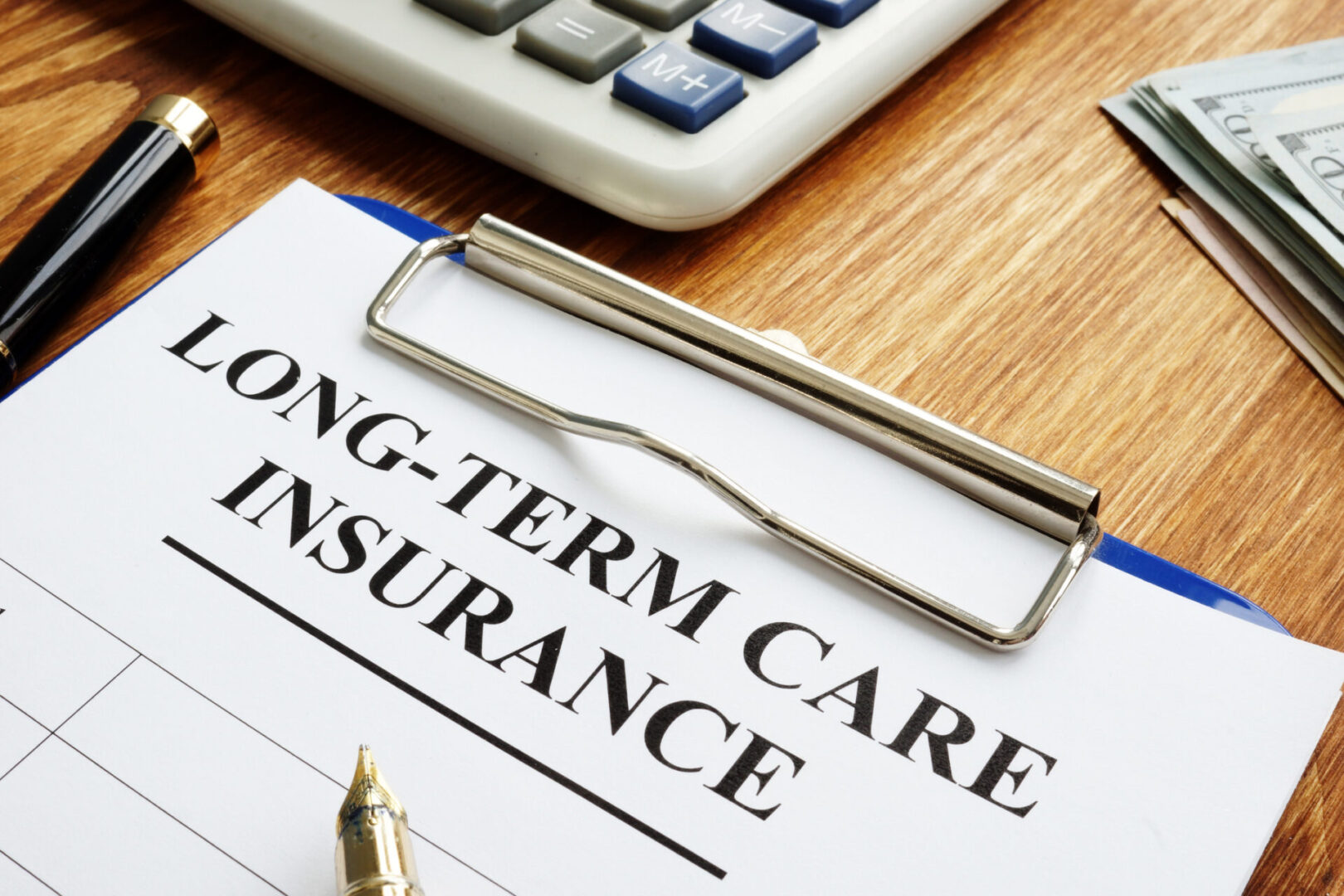 Long-term care insurance form on desk.